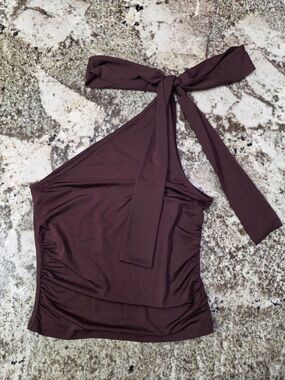 Women's One-Shoulder Tie Mesh Halter Top - Dark Plum Purple